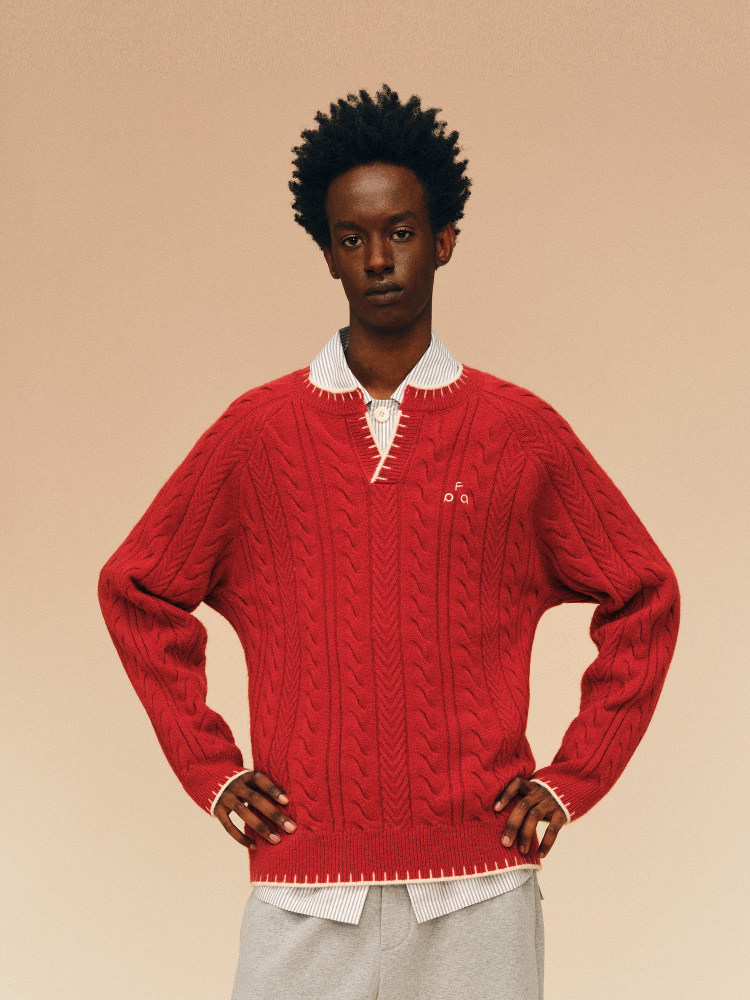 FPA Henry Neck Casual Pullover Sweater, Chinese New Year Contrast Color V-Neck Red Knit Top