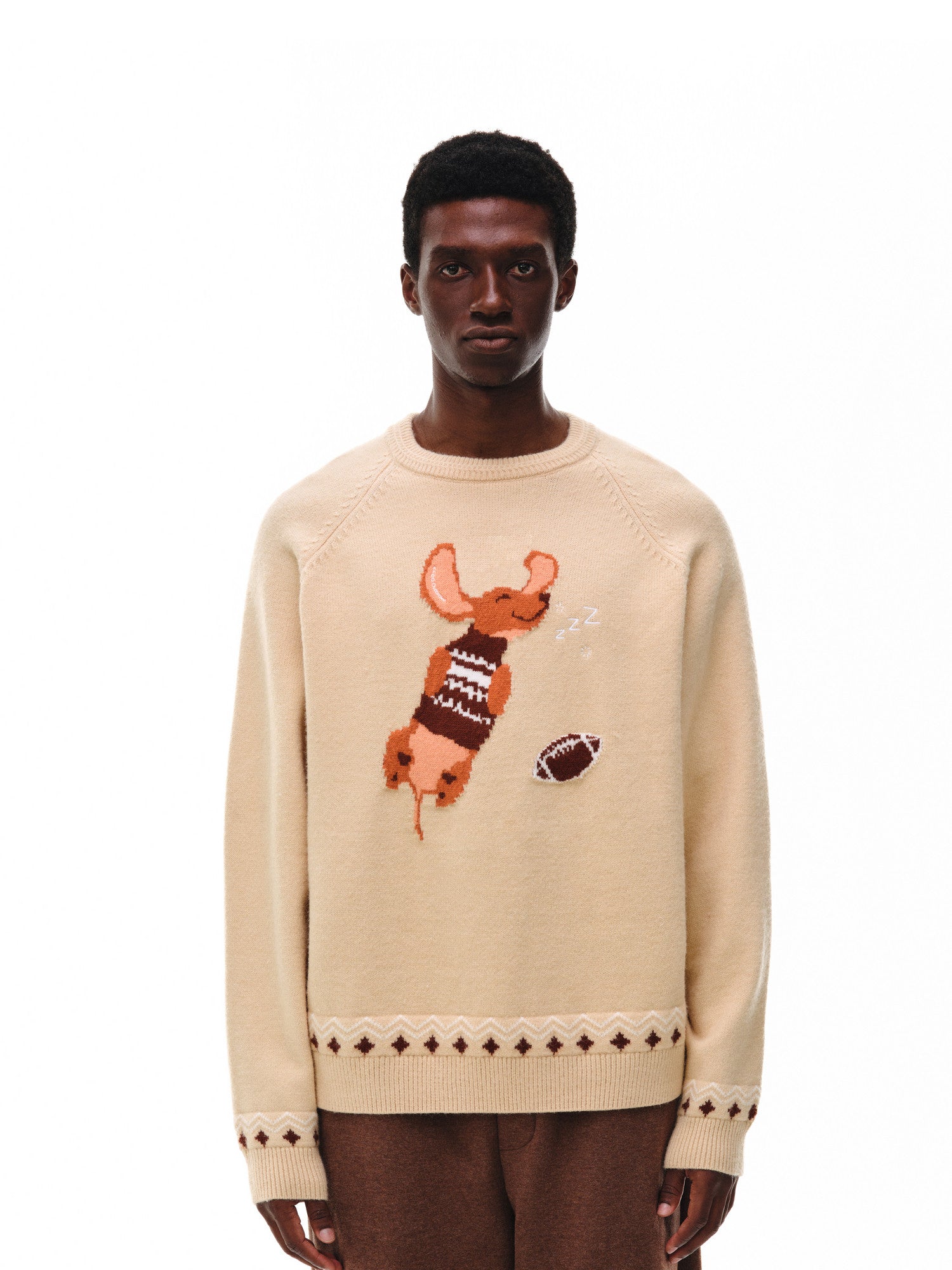 FPA Fair Isle Sleeping Dog Jacquard Crew Neck Sweater – Chinese Streetwear Couple Inner Layer Pullover Autumn/Winter Knit Top