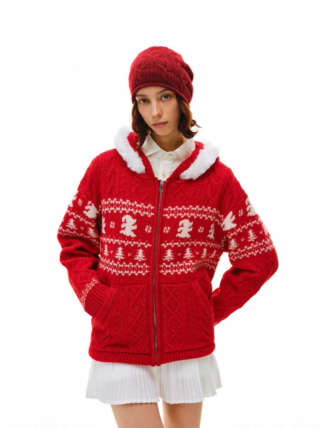 FPA Christmas Fur Collar Dog Fair Isle Cable Knit Hooded Sweater 2026 New Fall/Winter Red Knitwear