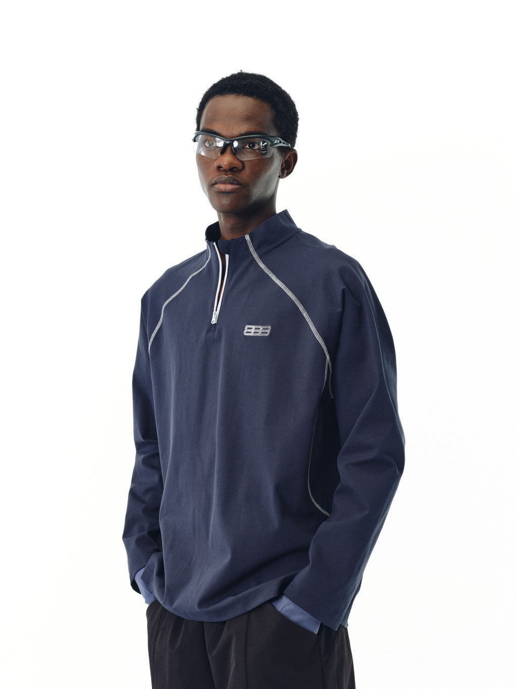 FPA Sports Hasselblad Line Contrast Color Long Sleeve National Trend Spring/Autumn Loose Couple Design Half High Collar Navy Blue T-Shirt