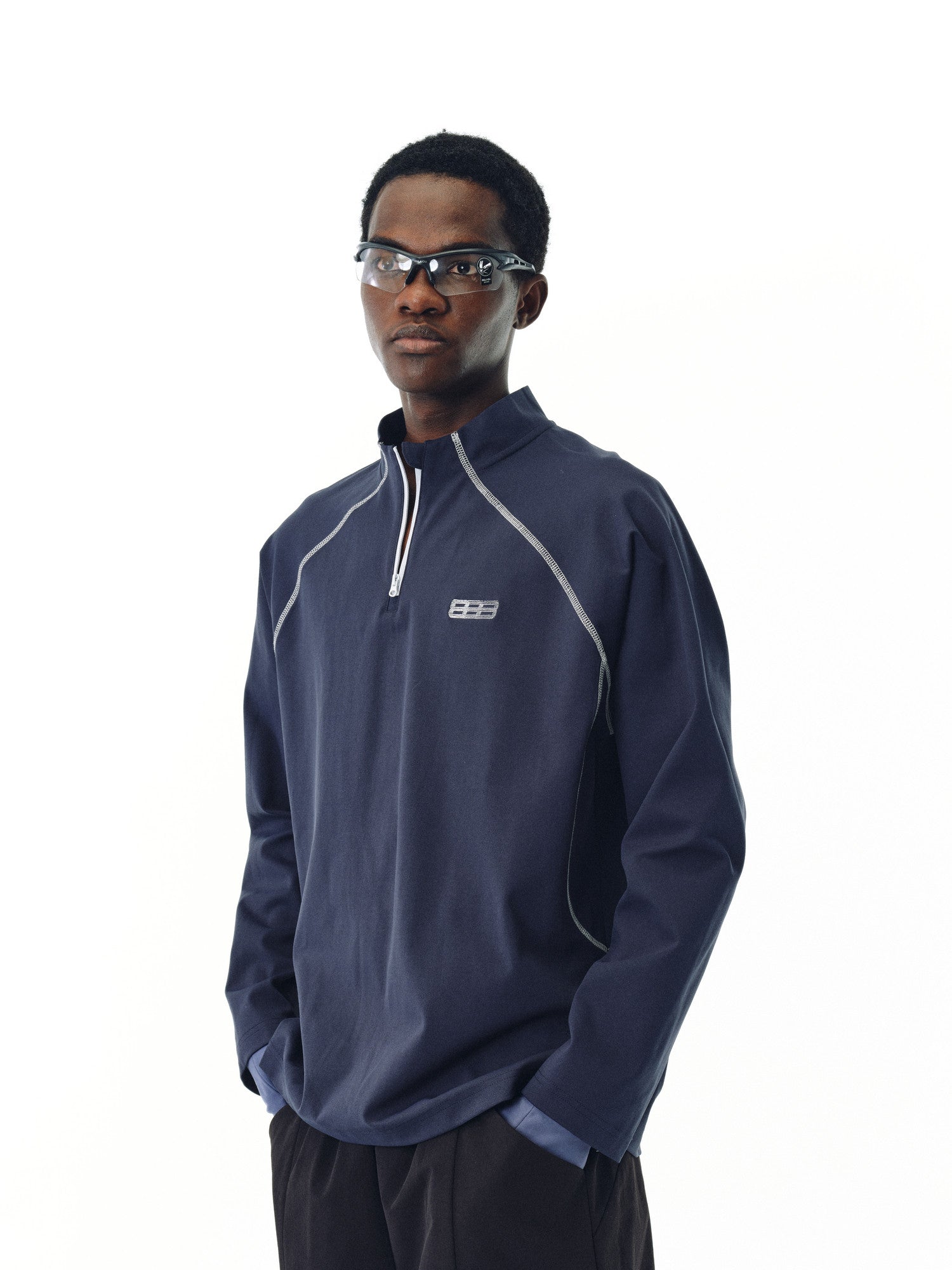 FPA Sports Hasselblad Line Contrast Color Long Sleeve National Trend Spring/Autumn Loose Couple Design Half High Collar Navy Blue T-Shirt