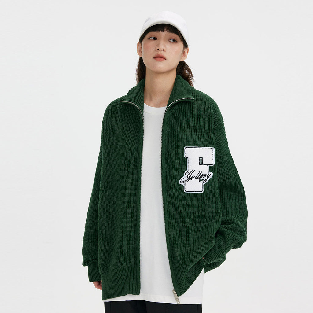 FPA Embroidered High-Neck Sweater - Chinese Streetwear Couple's Autumn/Winter Thick Knit Cardigan Jacket for Men