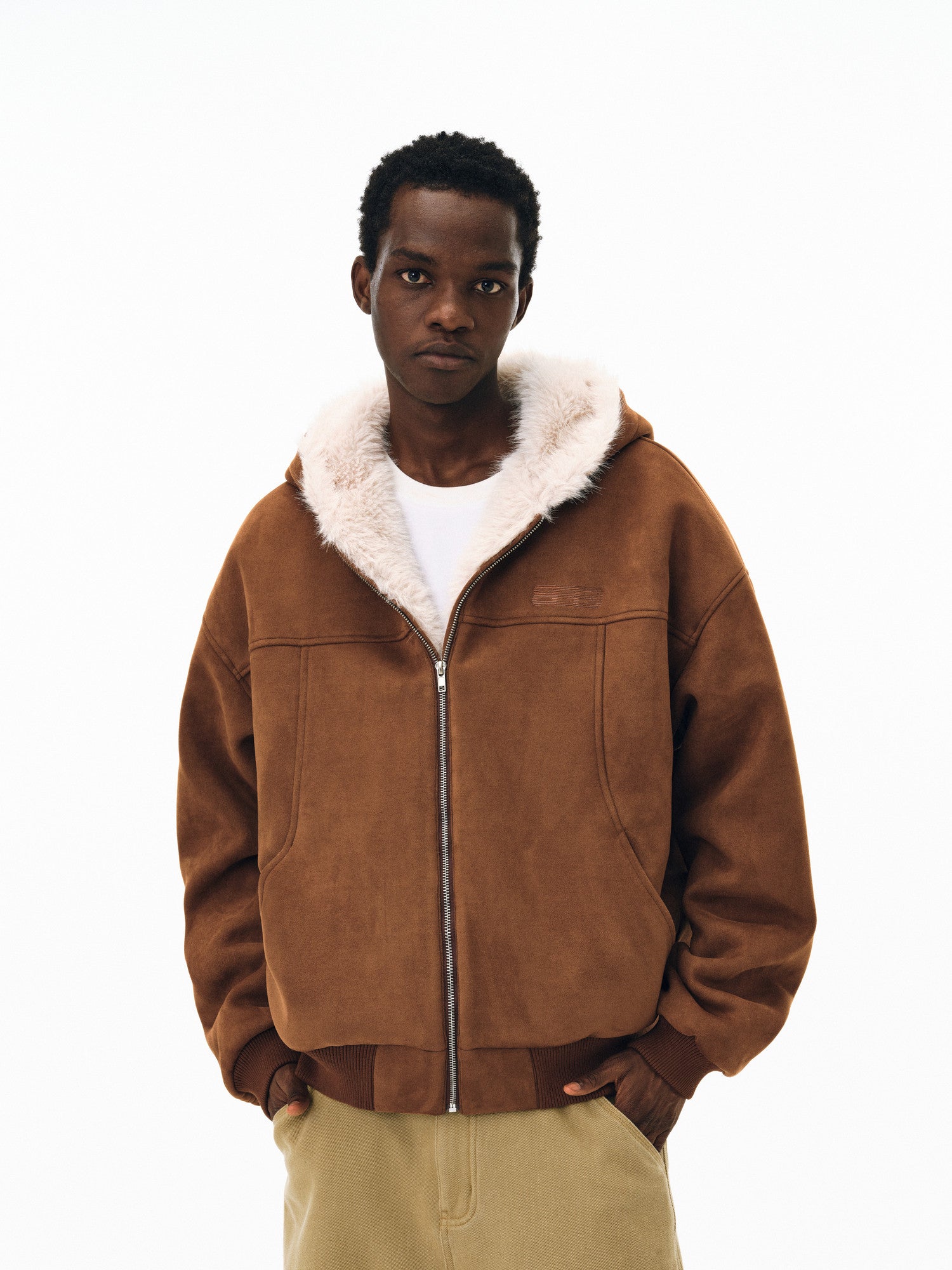 FPA Suede Quilted Cotton Jacket with Faux Fur Collar – Winter Thickened American Style Black Jacket Coat