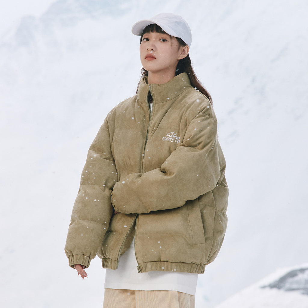 FPA Suede Embroidered Stand-Collar Cotton Jacket American Retro Streetwear Winter Puffer Coat for Men