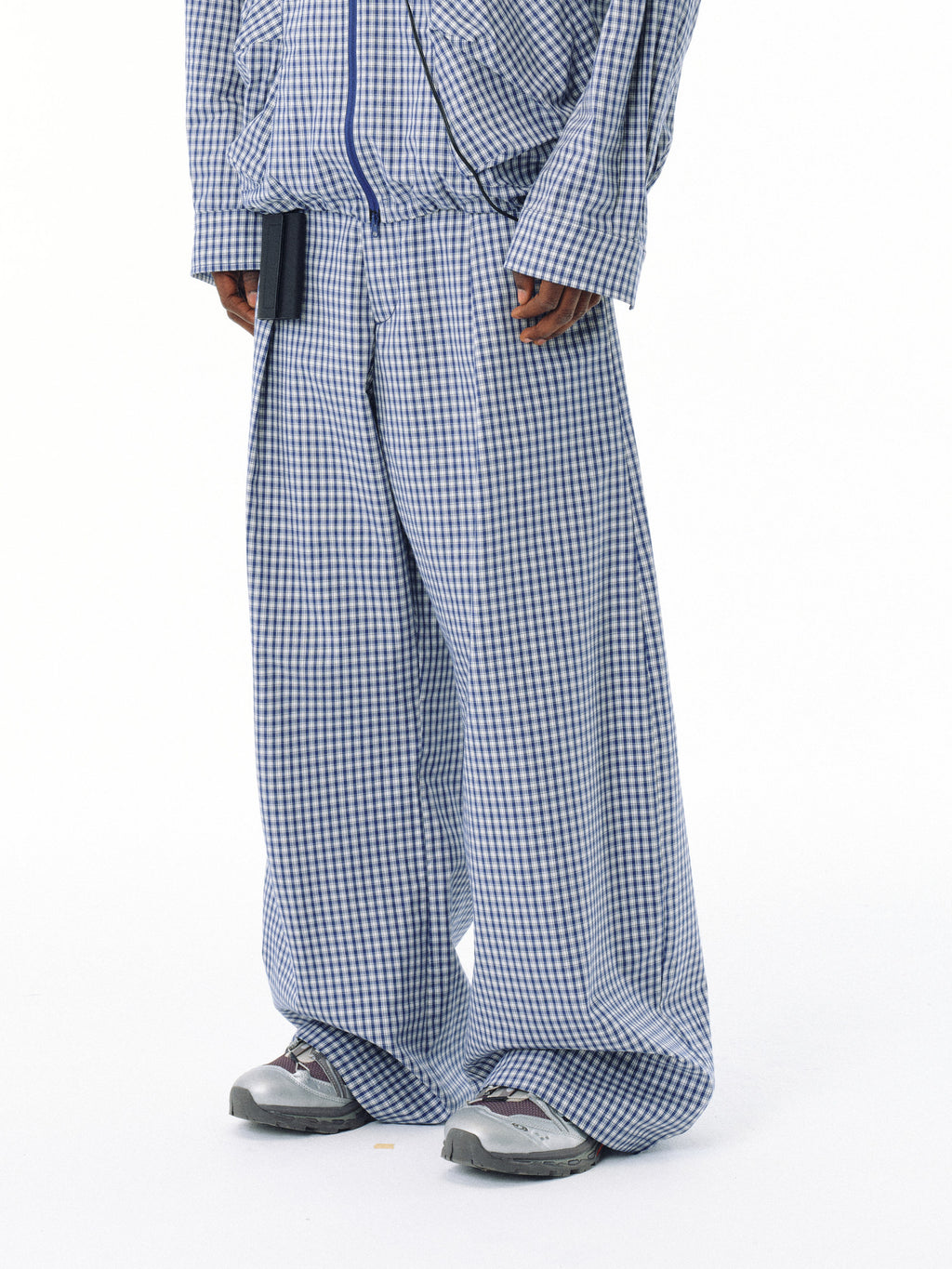 FPA Urban Sports Curved Blade A-Type Wide-Leg Plaid Casual Pants - National Trend Design Loose Blue Check Long Pants