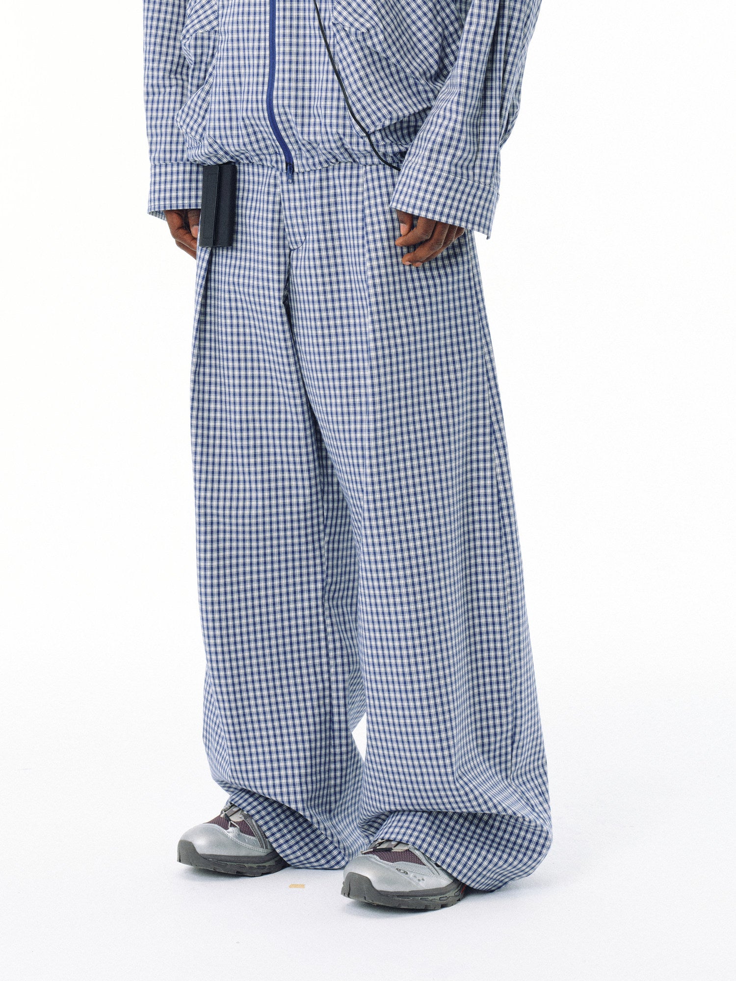 FPA Urban Sports Curved Blade A-Type Wide-Leg Plaid Casual Pants - National Trend Design Loose Blue Check Long Pants