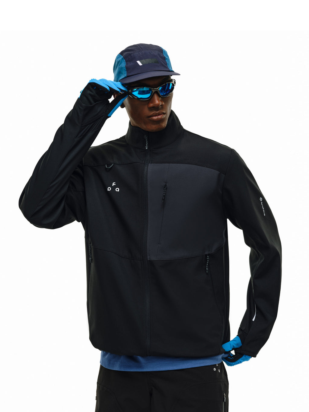 FPA Color-Block Water-Repellent Softshell Jacket for Men - Outdoor Windproof Paneled Stand Collar Loose Fit Zip-Up Black