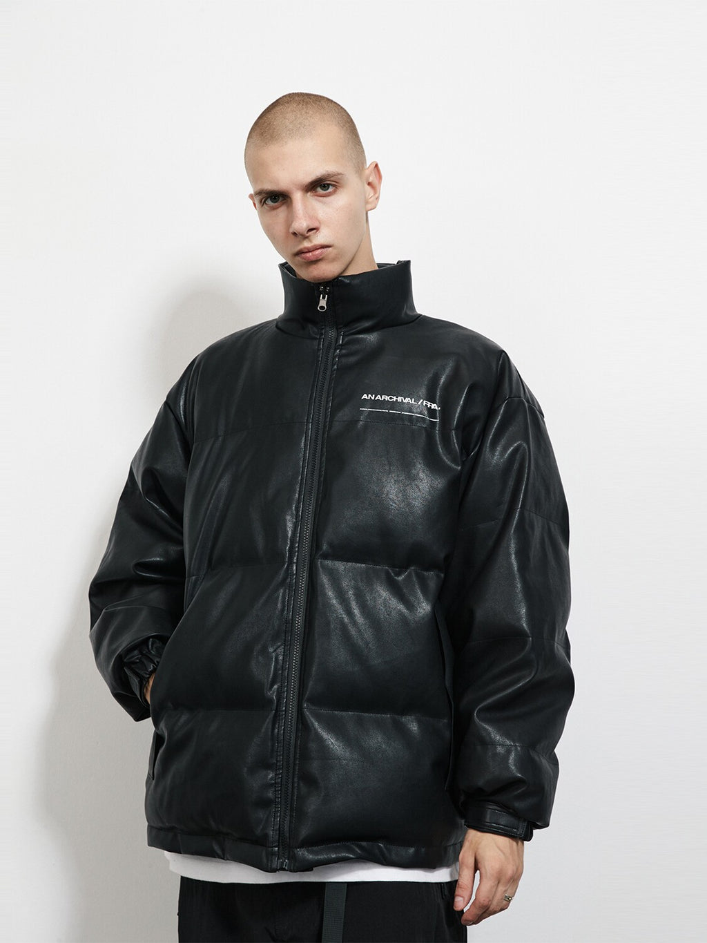 FPA Winter Thickened PU Leather Cotton Jacket, Chinese Street Style Loose Fit Stand Collar Black Bread Down Cotton Coat for Men