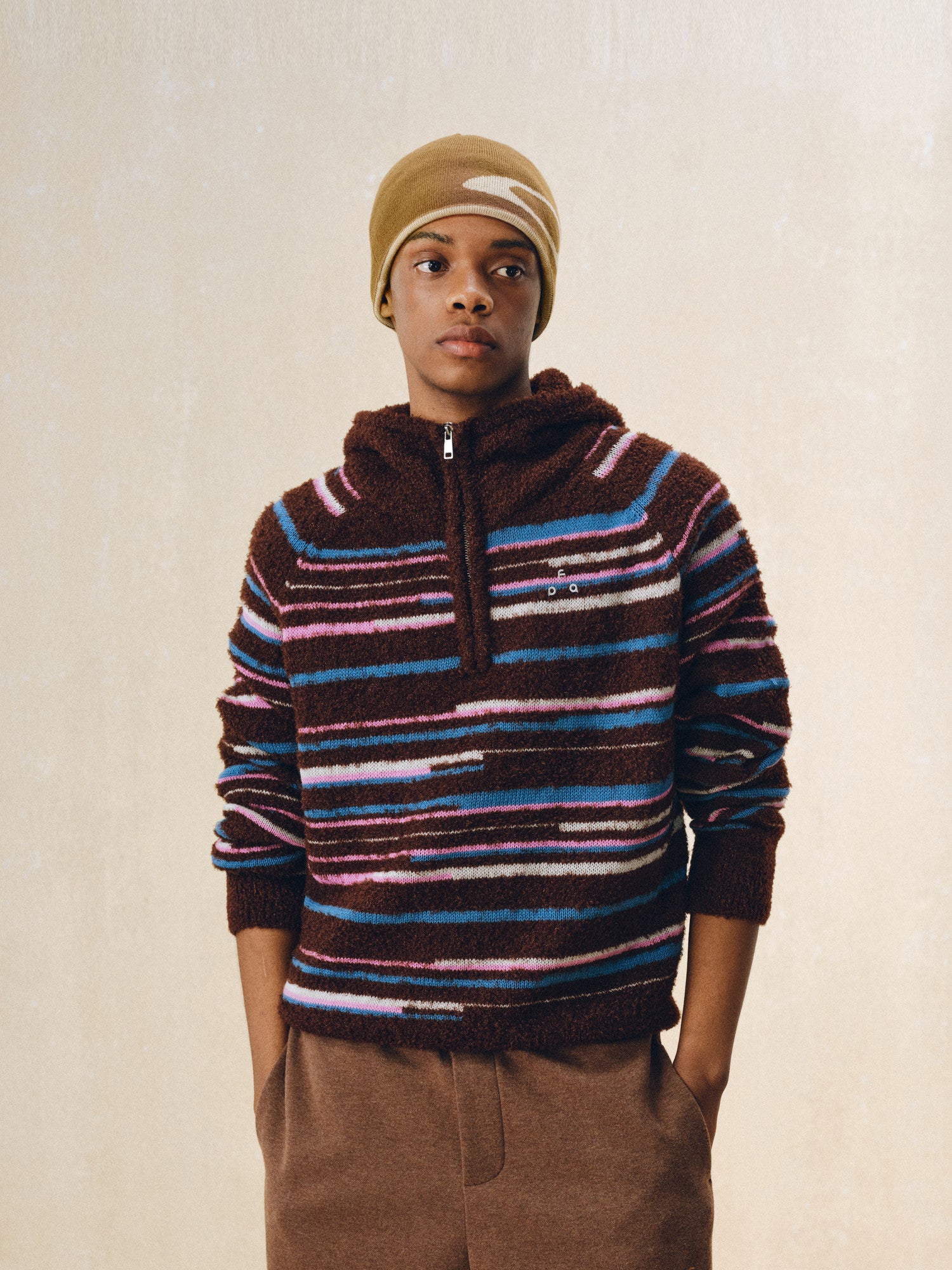 FPA Color-Block Half-Zip Pullover Persian Curl Knit Sweater - Casual Striped Hooded Knit Top for Couples, Autumn