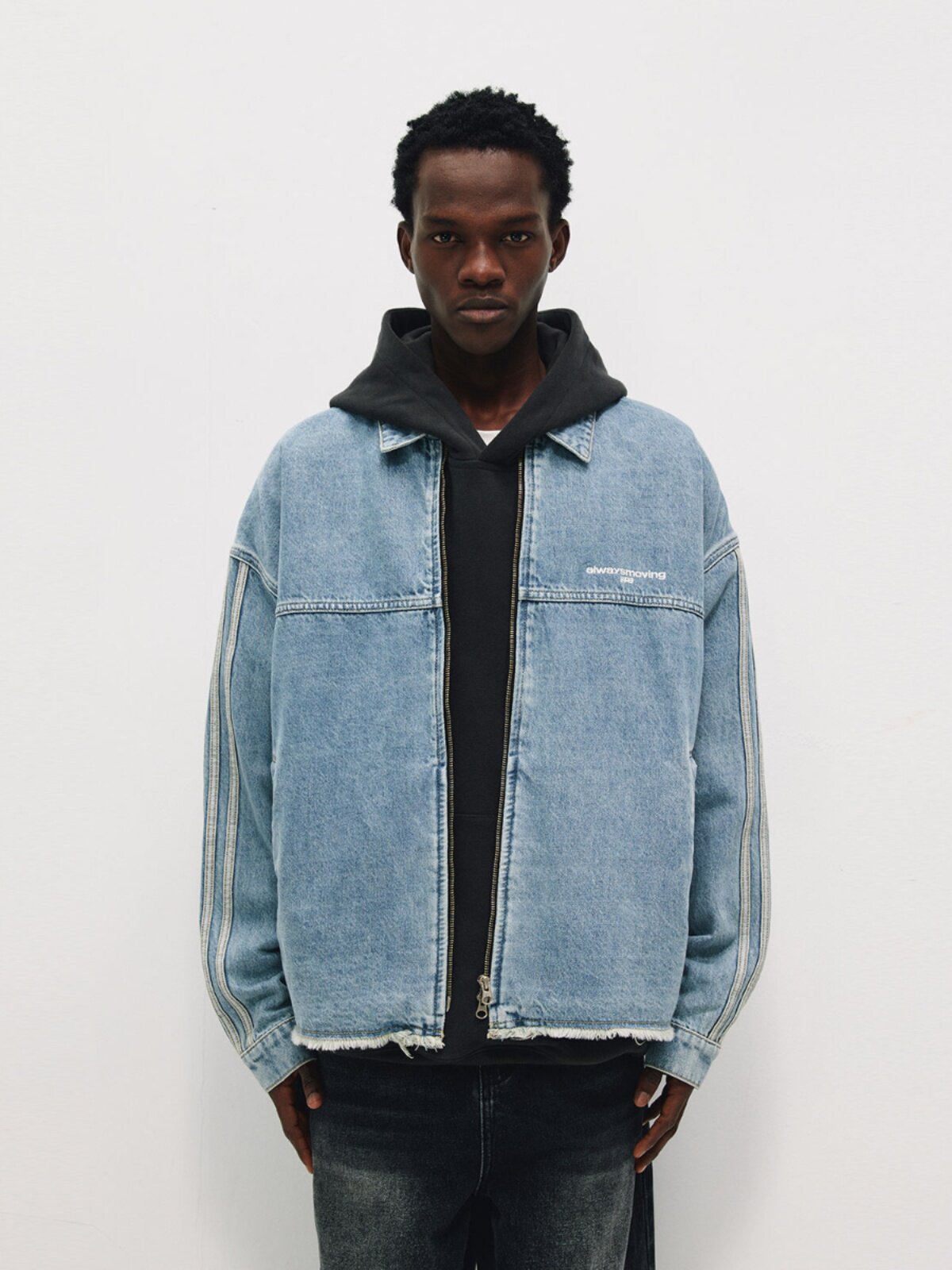 FPA Washed Fringed Denim Jacket – Chinese Streetwear Trend, American Loose Fit, Unisex Collared Jacket for Men