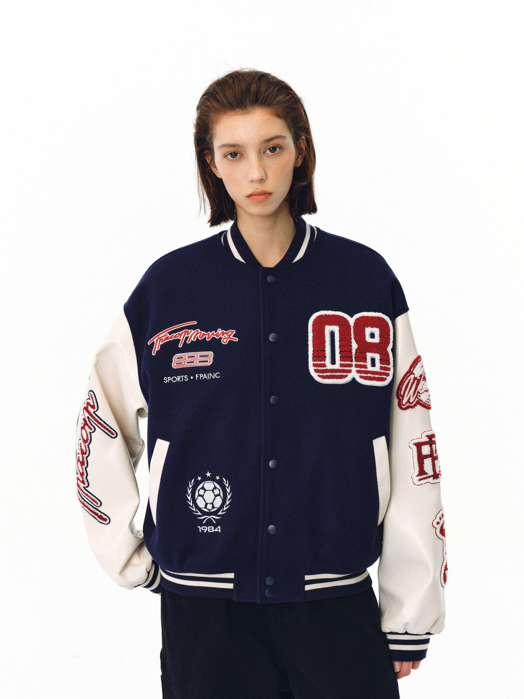 FPA Embroidered Phantom 8 Baseball Jersey – American Retro Loose Fit Baseball Collar Jacket for Spring/Fall, Unisex