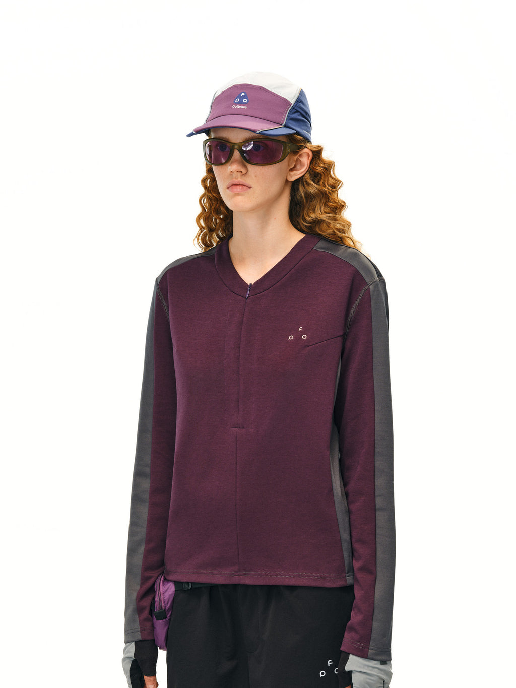 FPA 10A Antibacterial Color-Block Casual Knit V-Neck Long Sleeve Heavyweight Half-Zip T-Shirt for Women