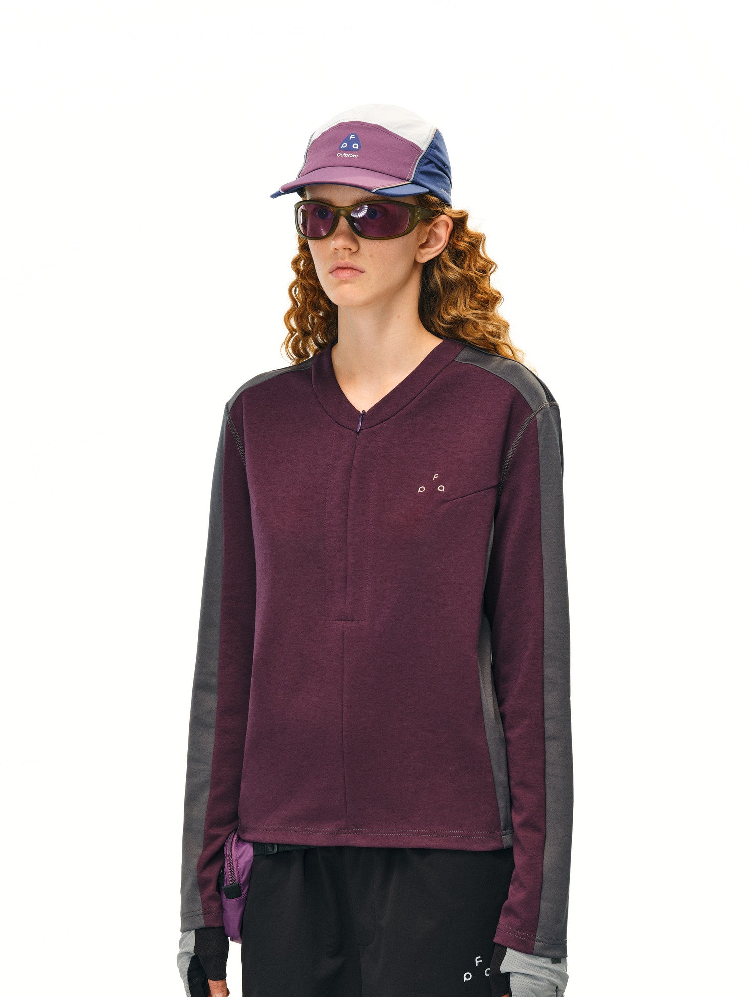 FPA 10A Antibacterial Color-Block Casual Knit V-Neck Long Sleeve Heavyweight Half-Zip T-Shirt for Women