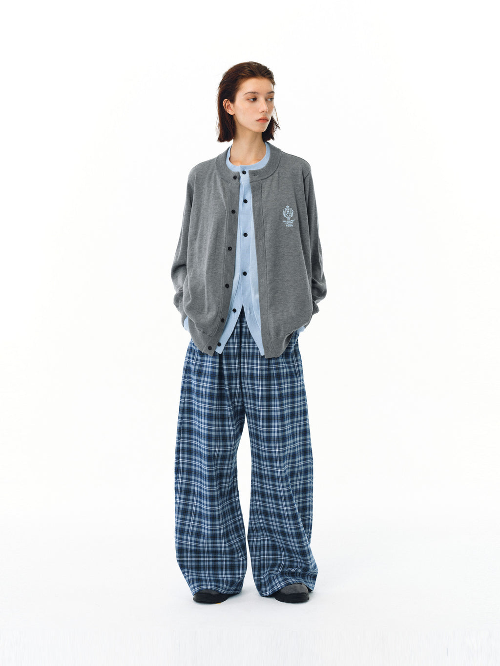 FPA A-Line Wide-Leg Plaid Casual Pants – Chinese Streetwear Trend, Loose-Fit Blue Long Pants