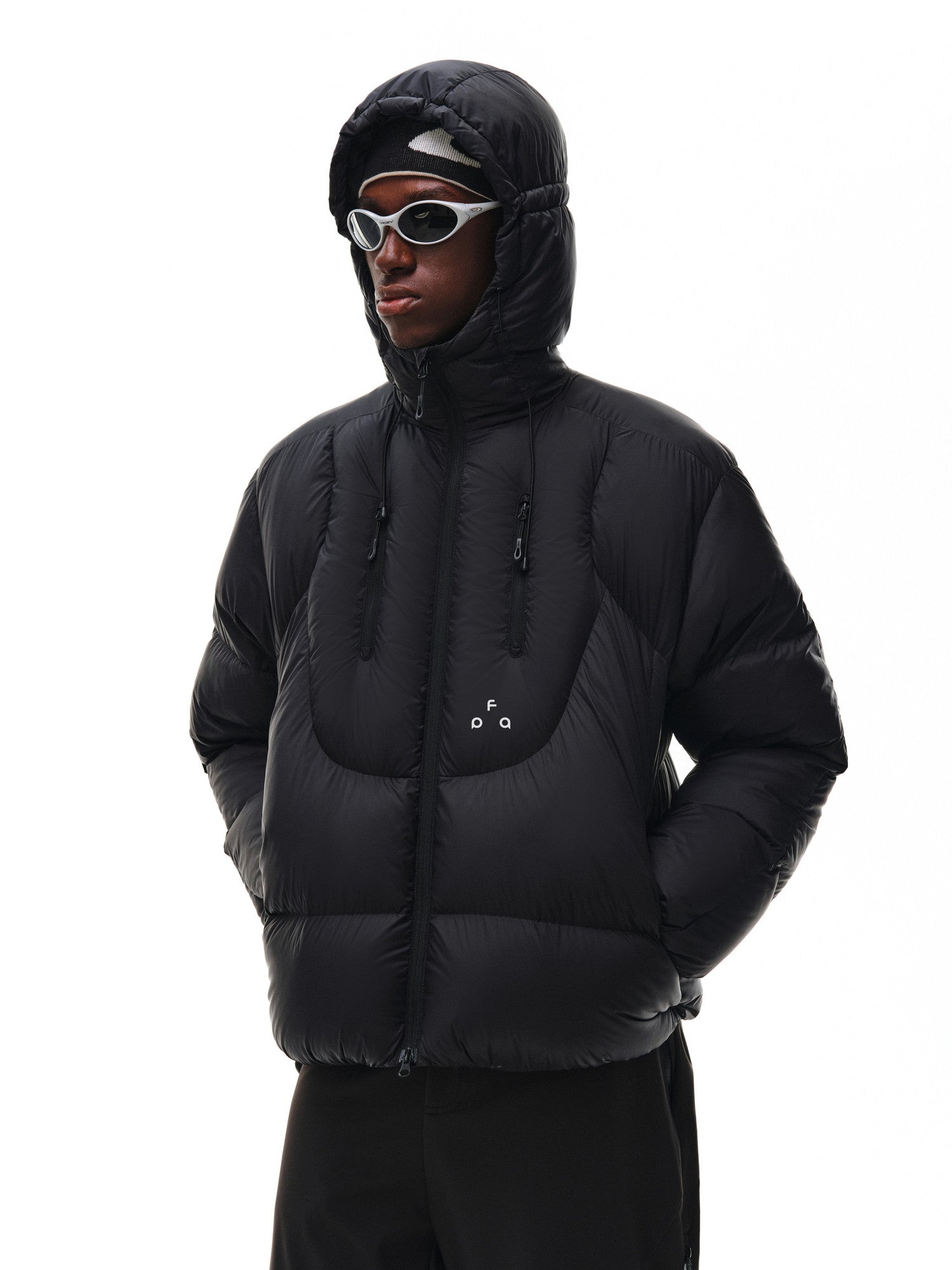 FPA Double-Zip Hooded Down Jacket with Structured Silhouette, Winter Warm 90% White Duck Down, Couple Style in Gray-White