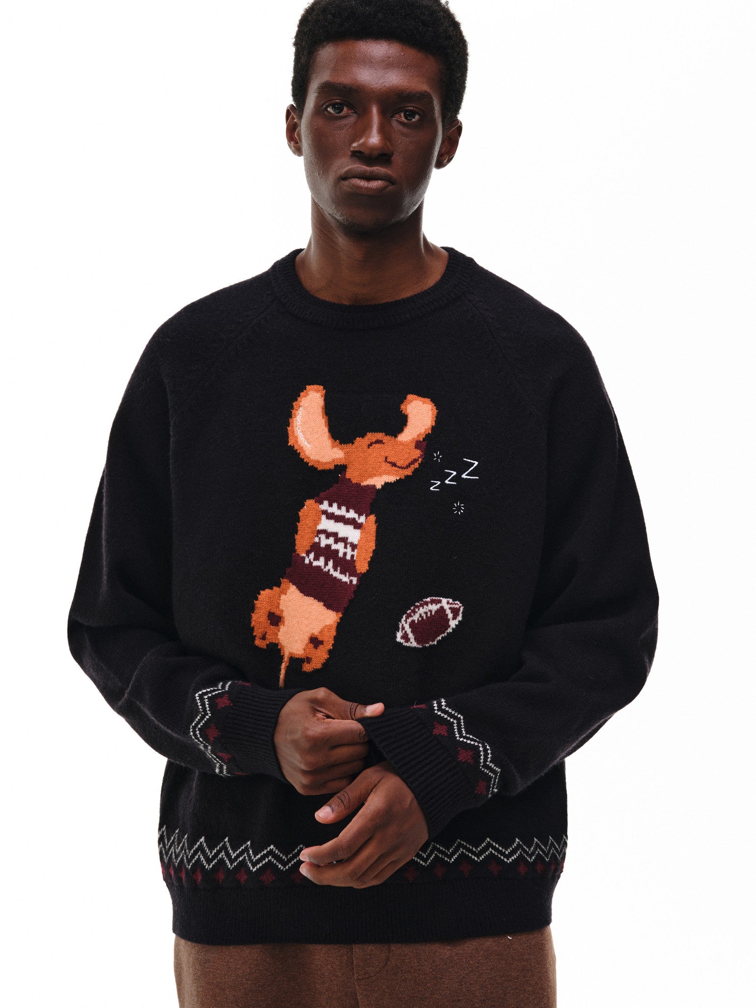 FPA Fair Isle Sleeping Dog Jacquard Crew Neck Sweater – Chinese Streetwear Couple Inner Layer Pullover Autumn/Winter Knit Top