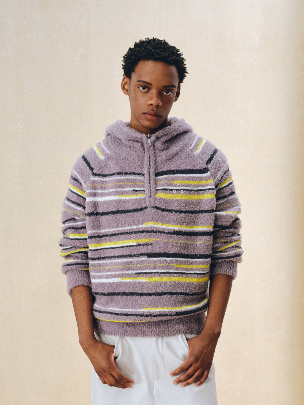 FPA Color-Block Half-Zip Pullover Persian Curl Knit Sweater - Casual Striped Hooded Knit Top for Couples, Autumn