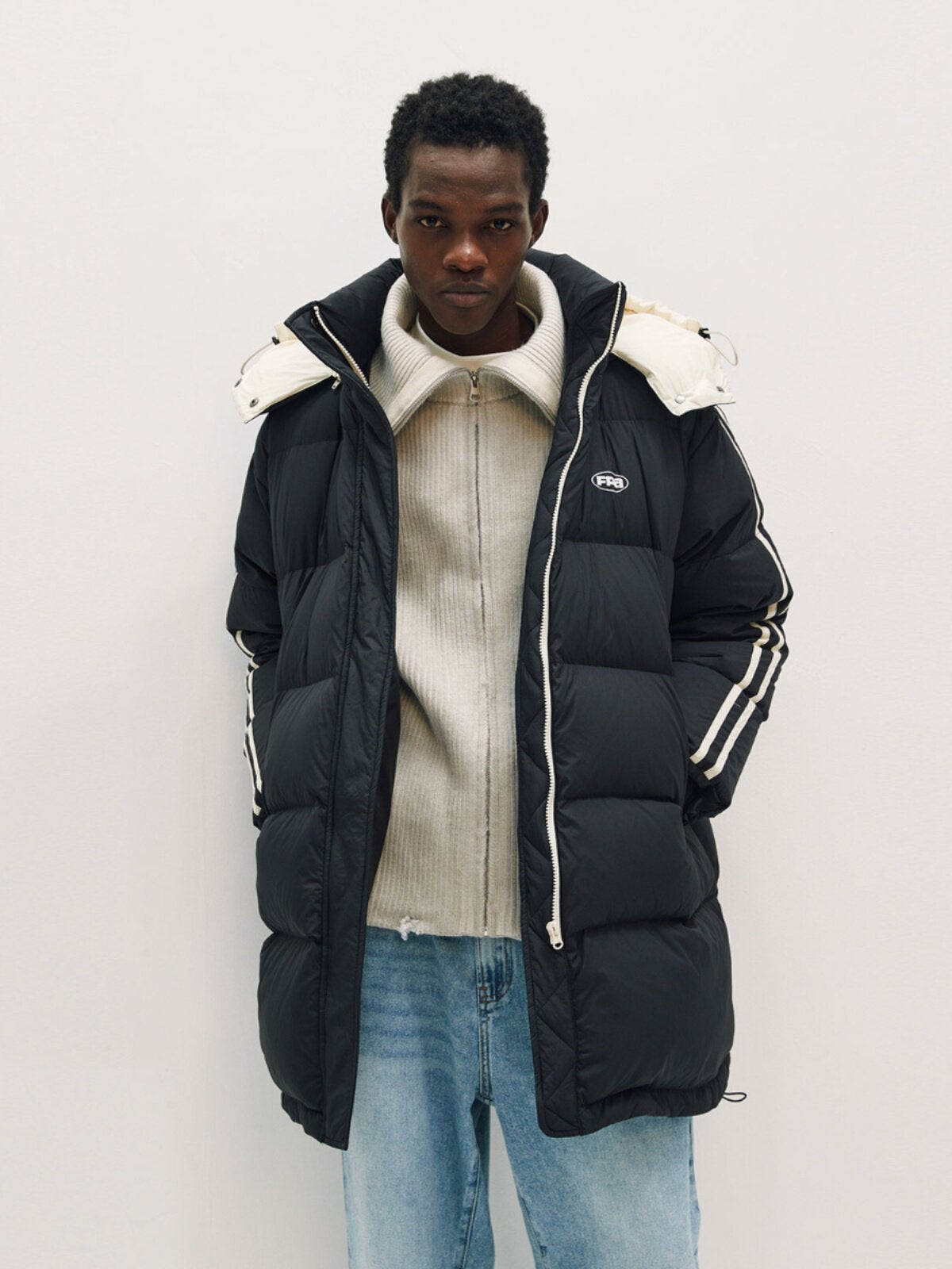 FPA Color-Block Hooded Mid-Length Down Jacket, Chinese Streetwear Brand, Loose Unisex Winter Thick Down Coat for Men