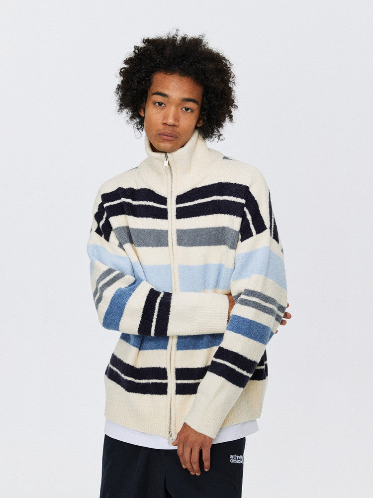FPA Striped Contrast Color Cardigan Sweater Autumn Double Zipper Chinese Street Style Loose Casual Relaxed High Collar Coat