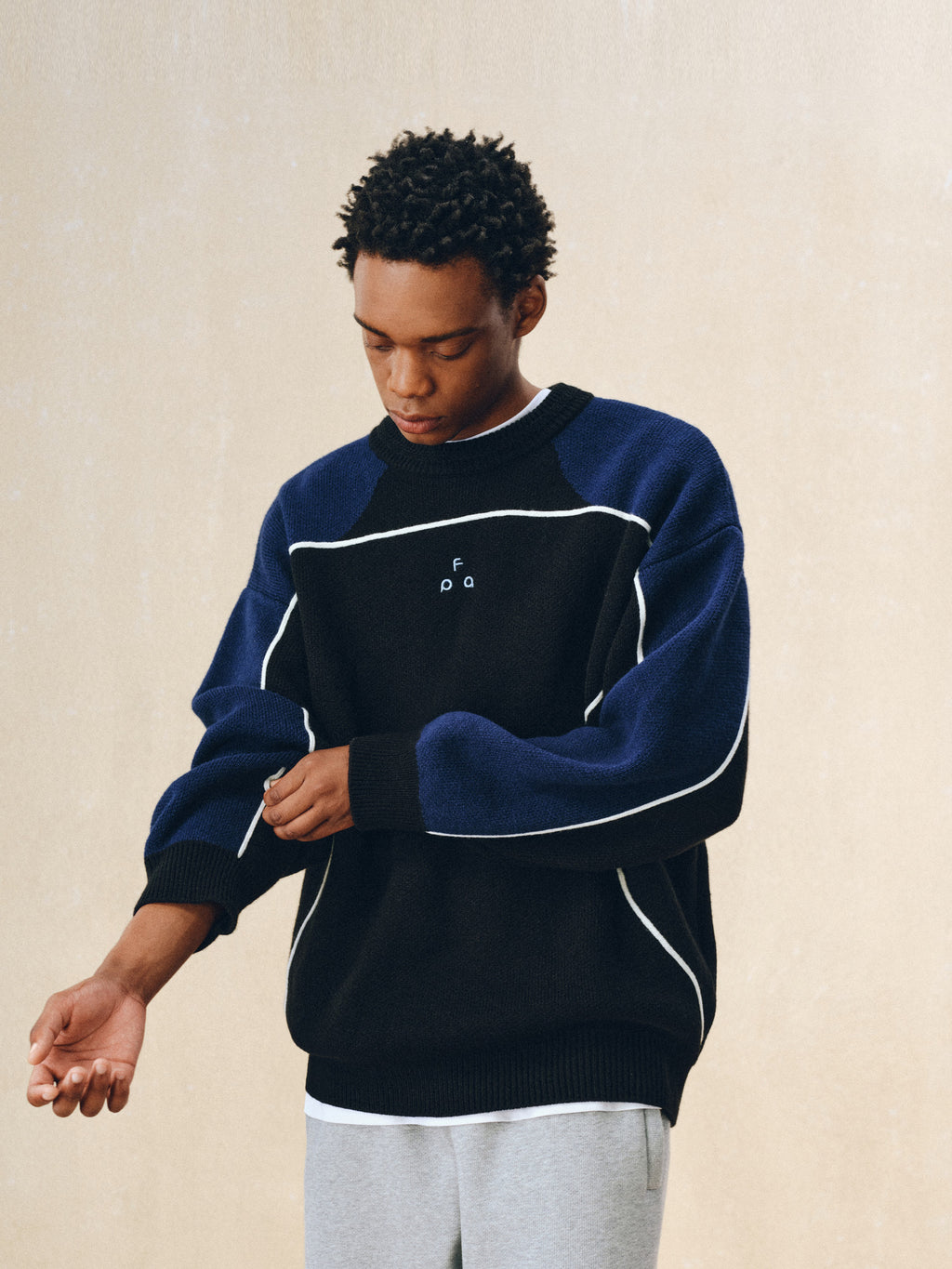 FPA Round Neck Anti-Pilling Contrast Logo Faux Mohair Sweater Vintage Patchwork Casual Couple Knit Top for Men