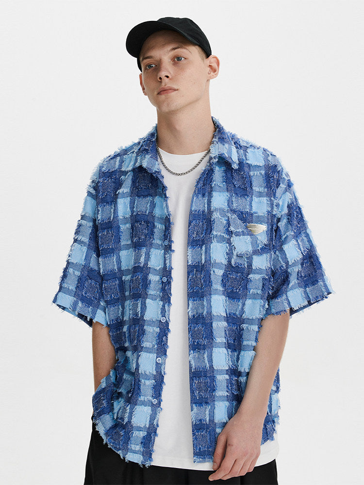 FPA Fringe Plaid Short-Sleeve Shirt – Summer Streetwear Unisex Loose Half-Sleeve Shirt
