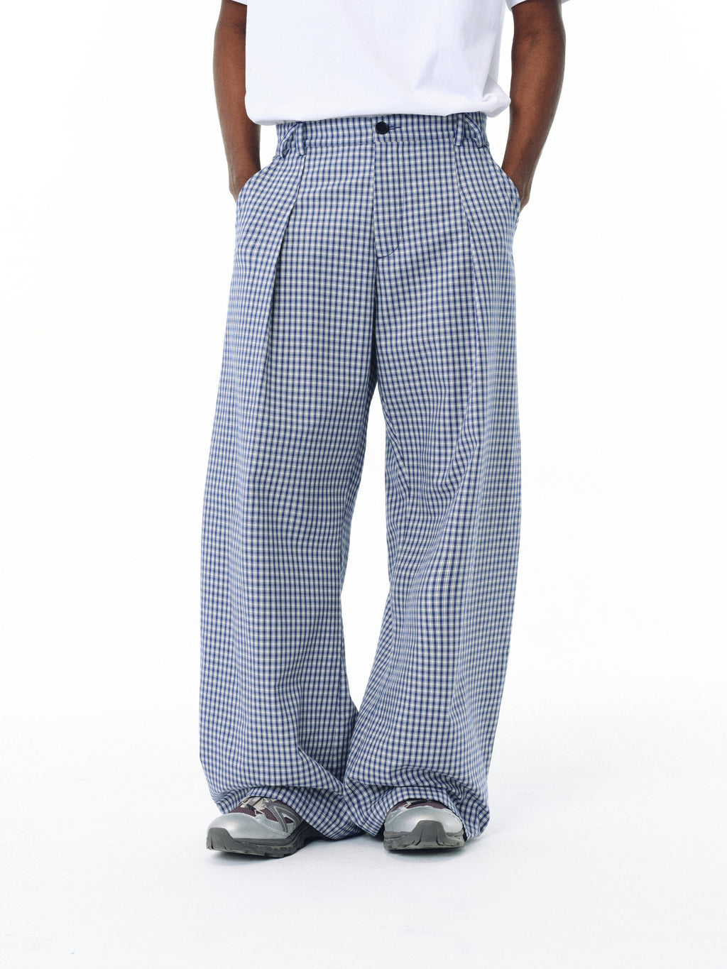FPA Urban Sports Curved Blade A-Type Wide-Leg Plaid Casual Pants - National Trend Design Loose Blue Check Long Pants