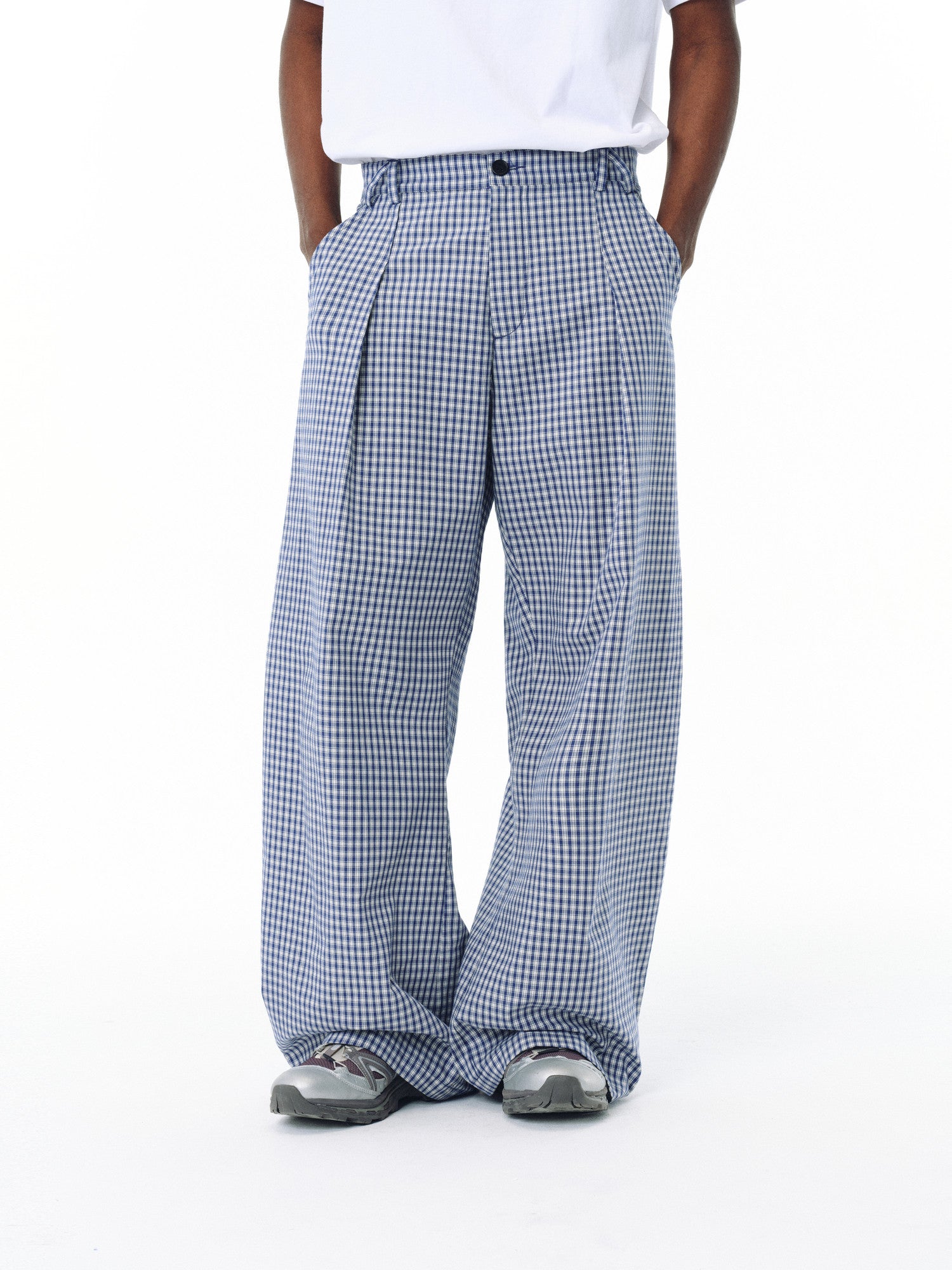 FPA Urban Sports Curved Blade A-Type Wide-Leg Plaid Casual Pants - National Trend Design Loose Blue Check Long Pants