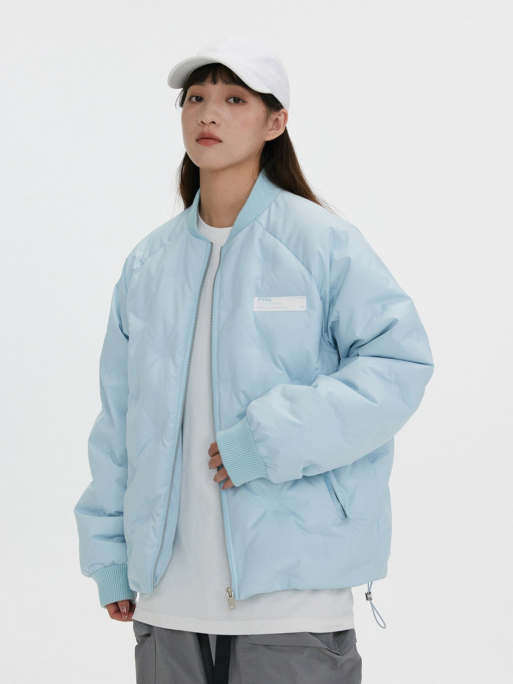 FPA Light Blue Quilted Baseball-Style Down Jacket – Chinese Streetwear Couple's Winter Thickened Short Coat for Men