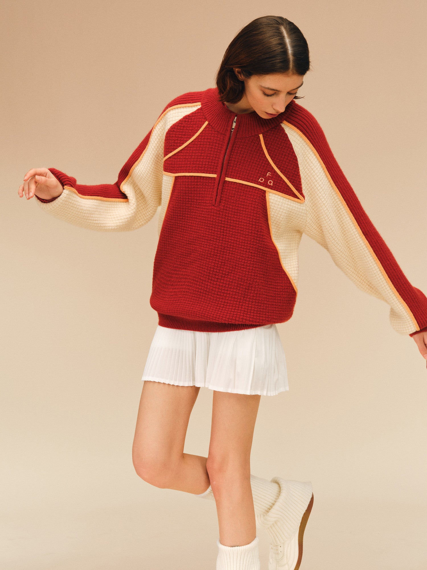 FPA Half-Zip Sports Outdoor Color-Block Knit Sweater - Chinese New Year Red