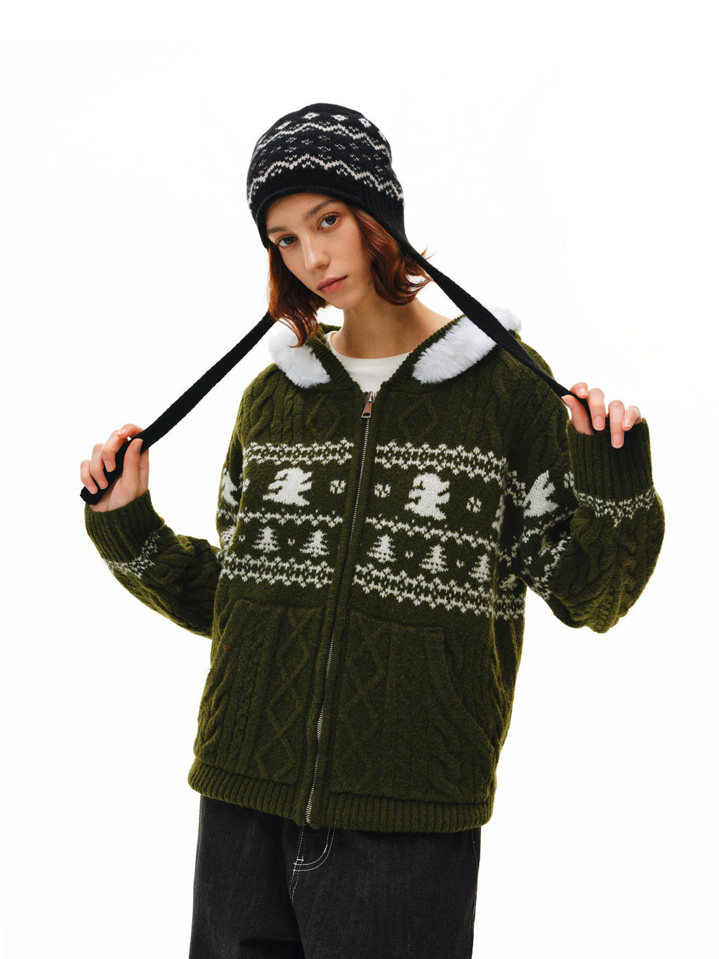 FPA Christmas Fur Collar Dog Fair Isle Cable Knit Hooded Sweater 2026 New Fall/Winter Red Knitwear