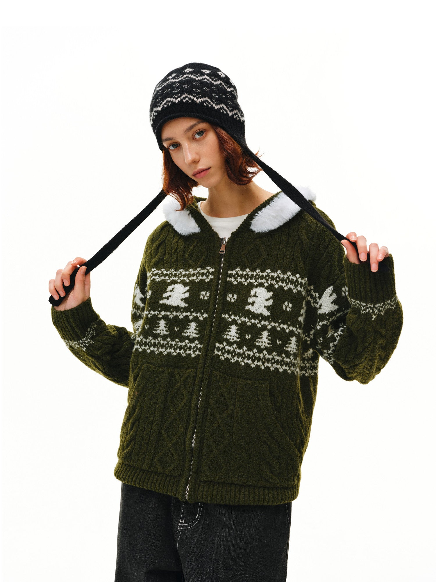FPA Christmas Fur Collar Dog Fair Isle Cable Knit Hooded Sweater 2026 New Fall/Winter Red Knitwear