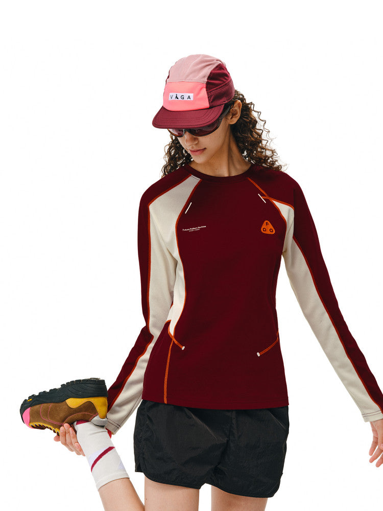 FPA Quick-Dry 7A Antibacterial Anti-Mite Paneled Women's Long-Sleeve T-Shirt, Chinese Style, Round Neck, Contrast Color, Wine Red