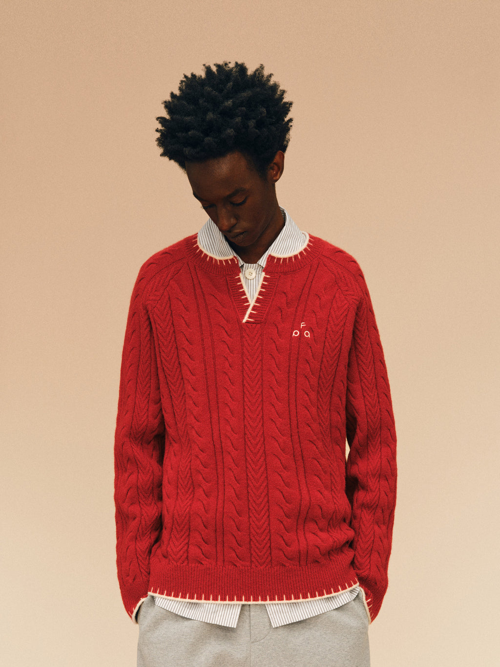 FPA Henry Neck Casual Pullover Sweater, Chinese New Year Contrast Color V-Neck Red Knit Top