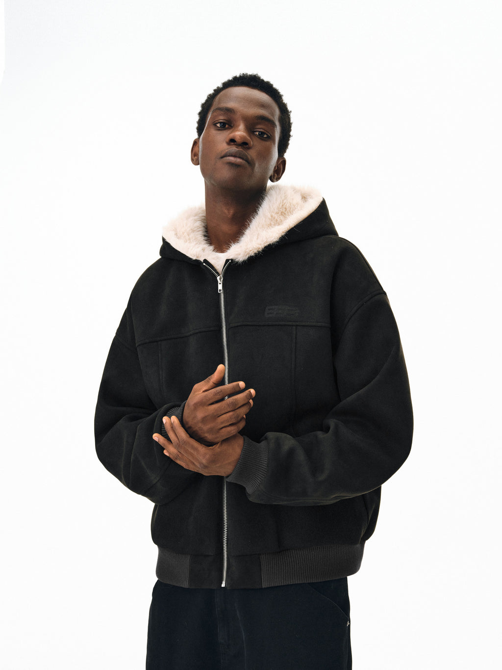 FPA Suede Quilted Cotton Jacket with Faux Fur Collar – Winter Thickened American Style Black Jacket Coat
