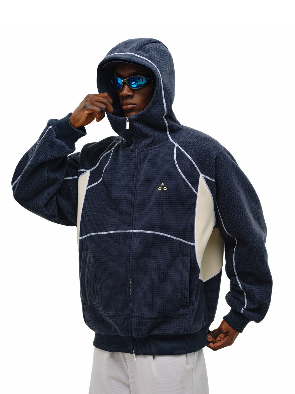 FPA Color-Block Contrast Stitch Grid Fleece Zip-Up Hoodie – Relaxed Retro Sweatshirt for Spring