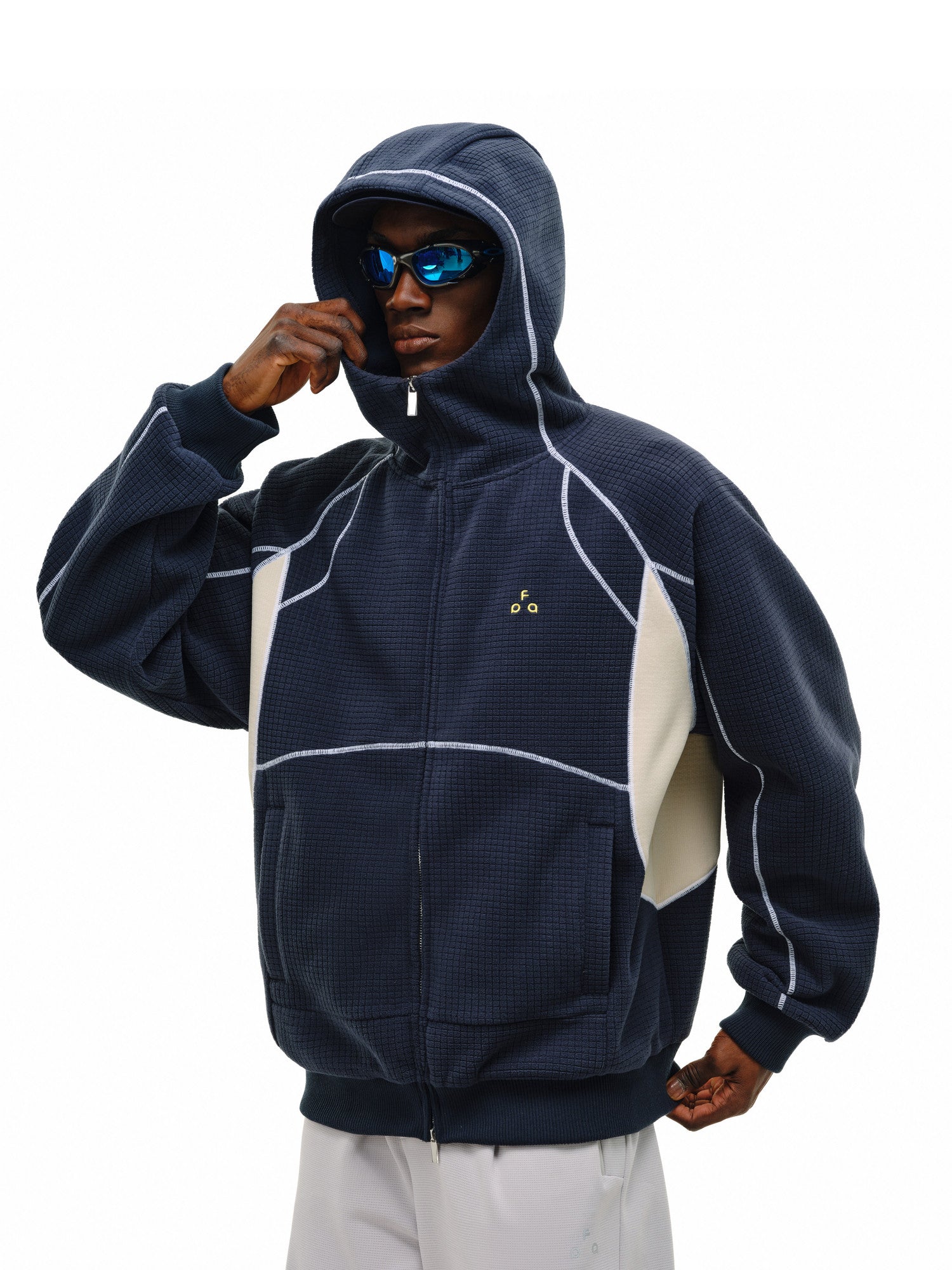 FPA Color-Block Contrast Stitch Grid Fleece Zip-Up Hoodie – Relaxed Retro Sweatshirt for Spring