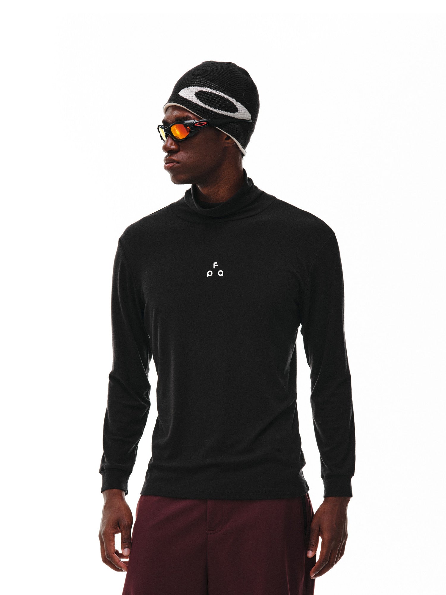 FPA Wool High Neck Long Sleeve Base Layer with Triangle Logo - Spring/Fall Basic Logo Casual Inner Wear Black T-Shirt