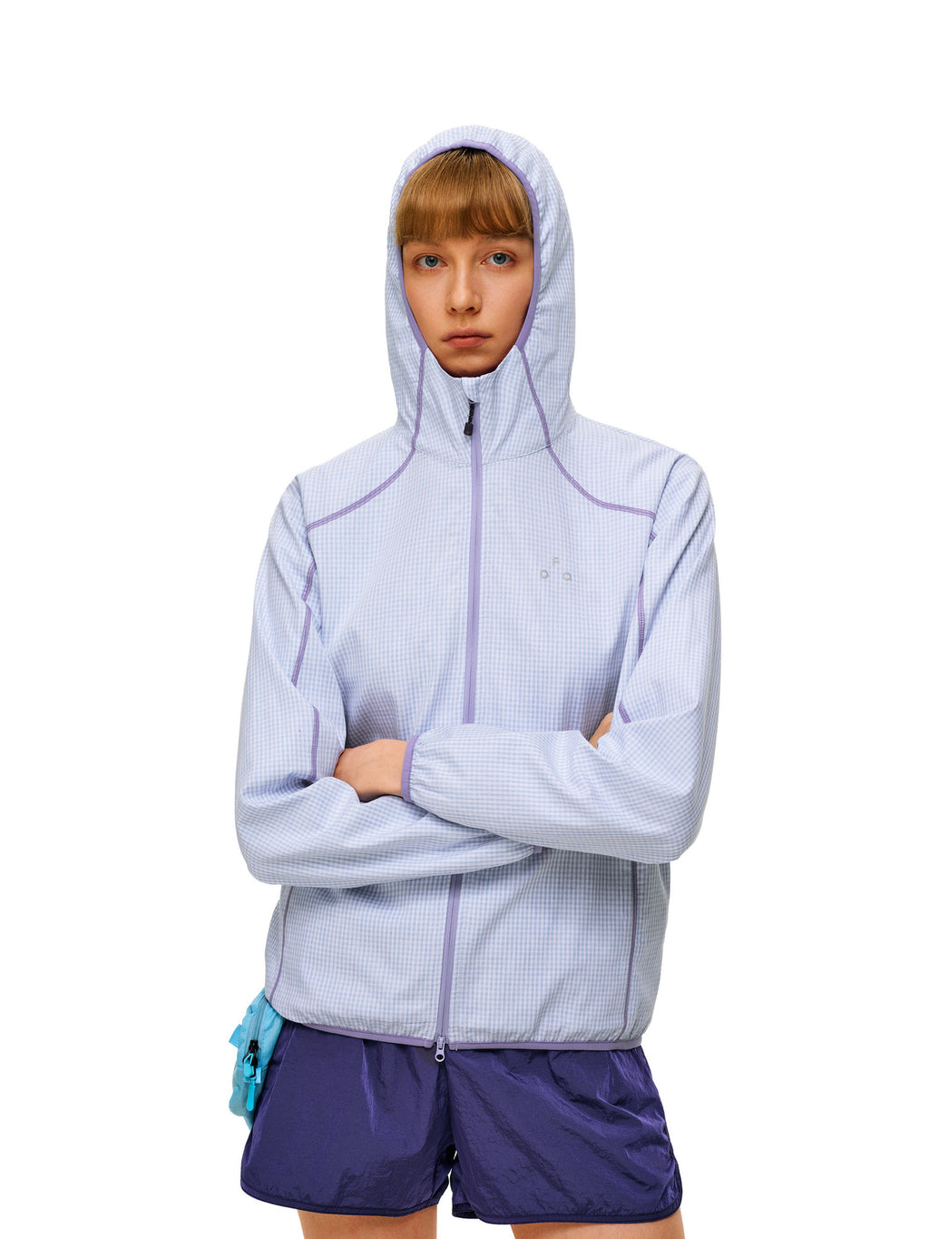 FPA High-Count Dense Casual Lightweight Plaid Jacket - Autumn Contrast Color Outdoor Sports Loose Purple Hooded Jacket for Women