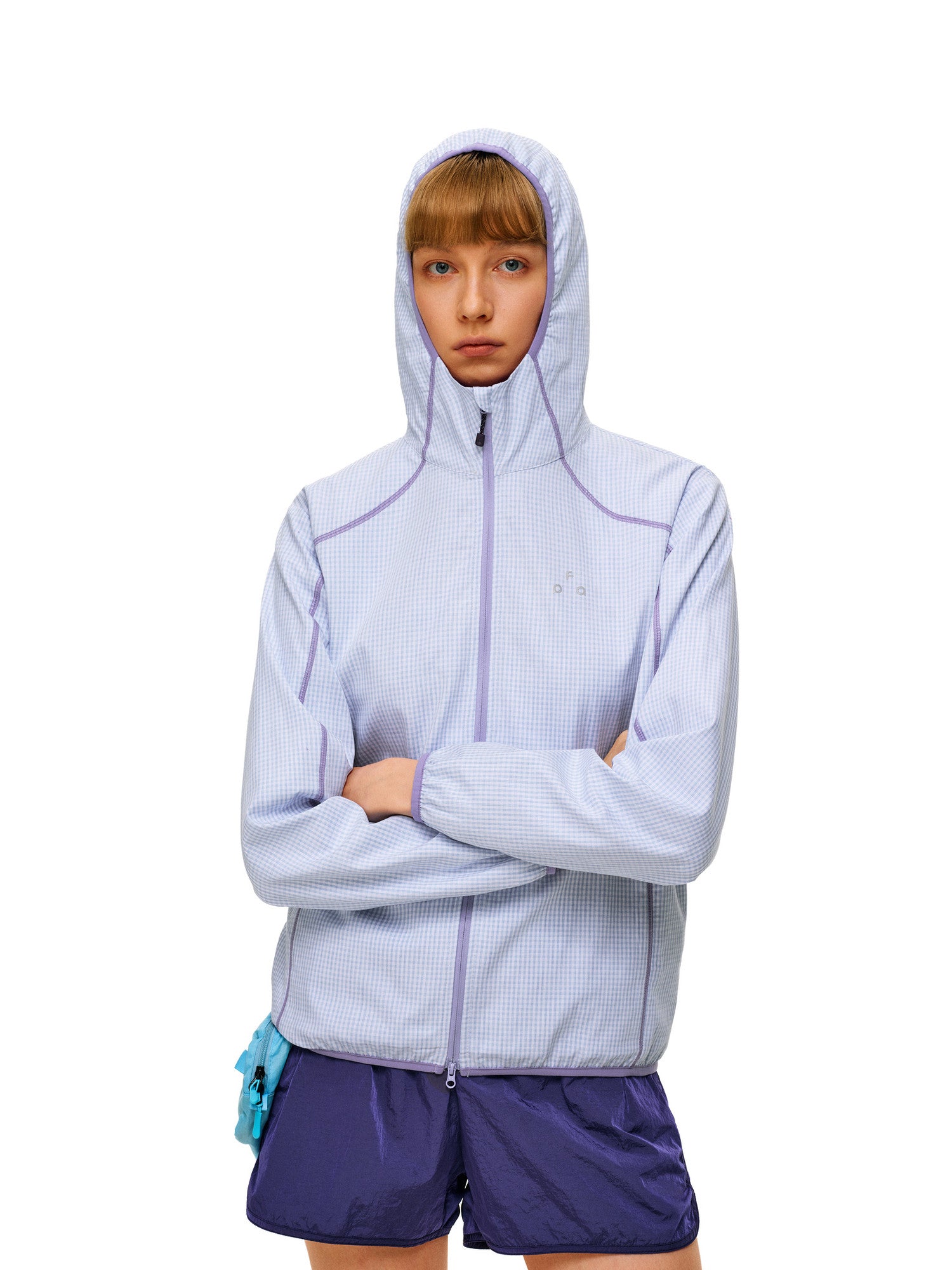 FPA High-Count Dense Casual Lightweight Plaid Jacket - Autumn Contrast Color Outdoor Sports Loose Purple Hooded Jacket for Women