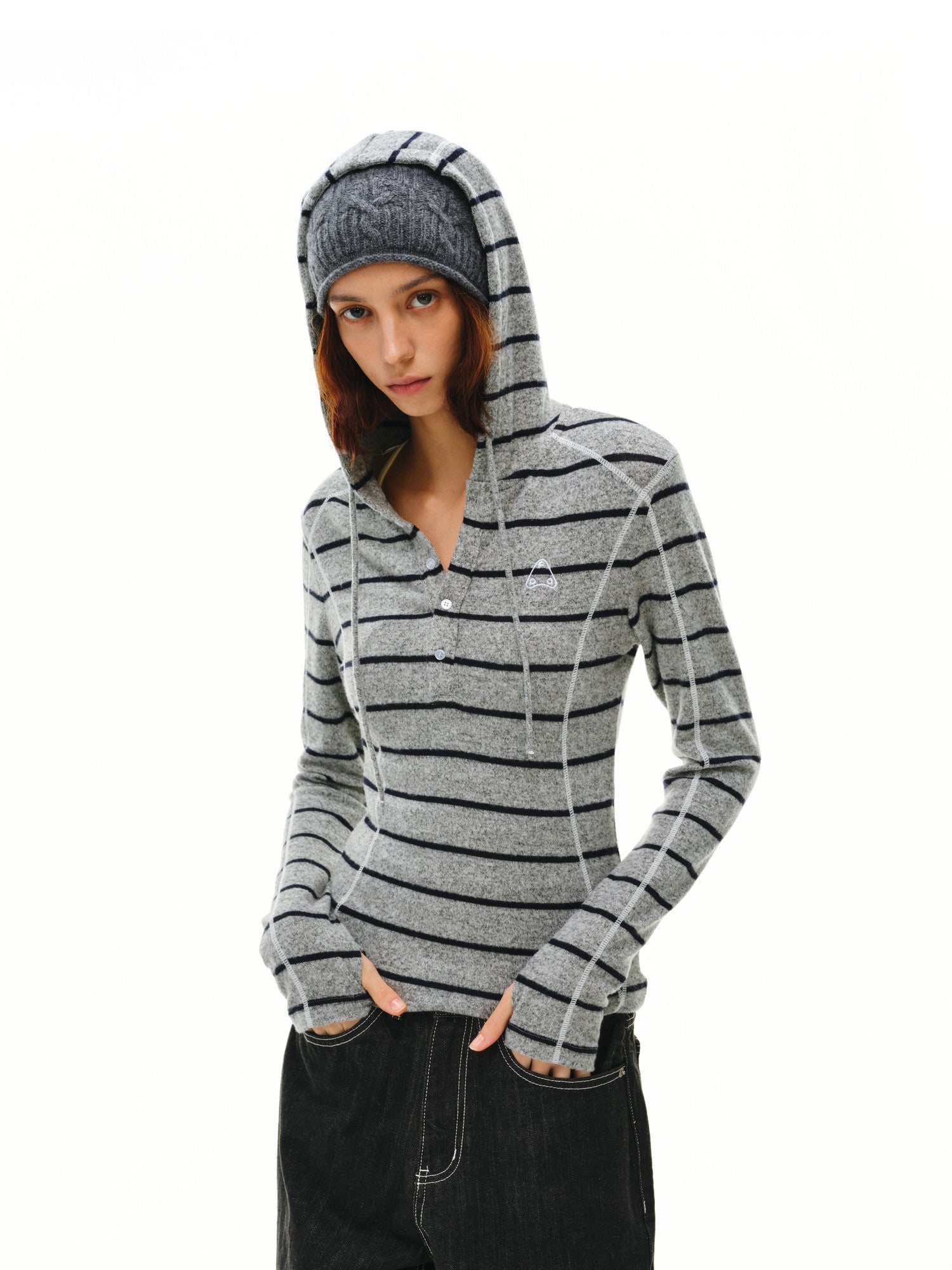 FPA Color-Block Halsey Line Henley Collar Striped Hoodie - Fall Casual Slim Fit Premium Feel Women's Hooded Sweatshirt