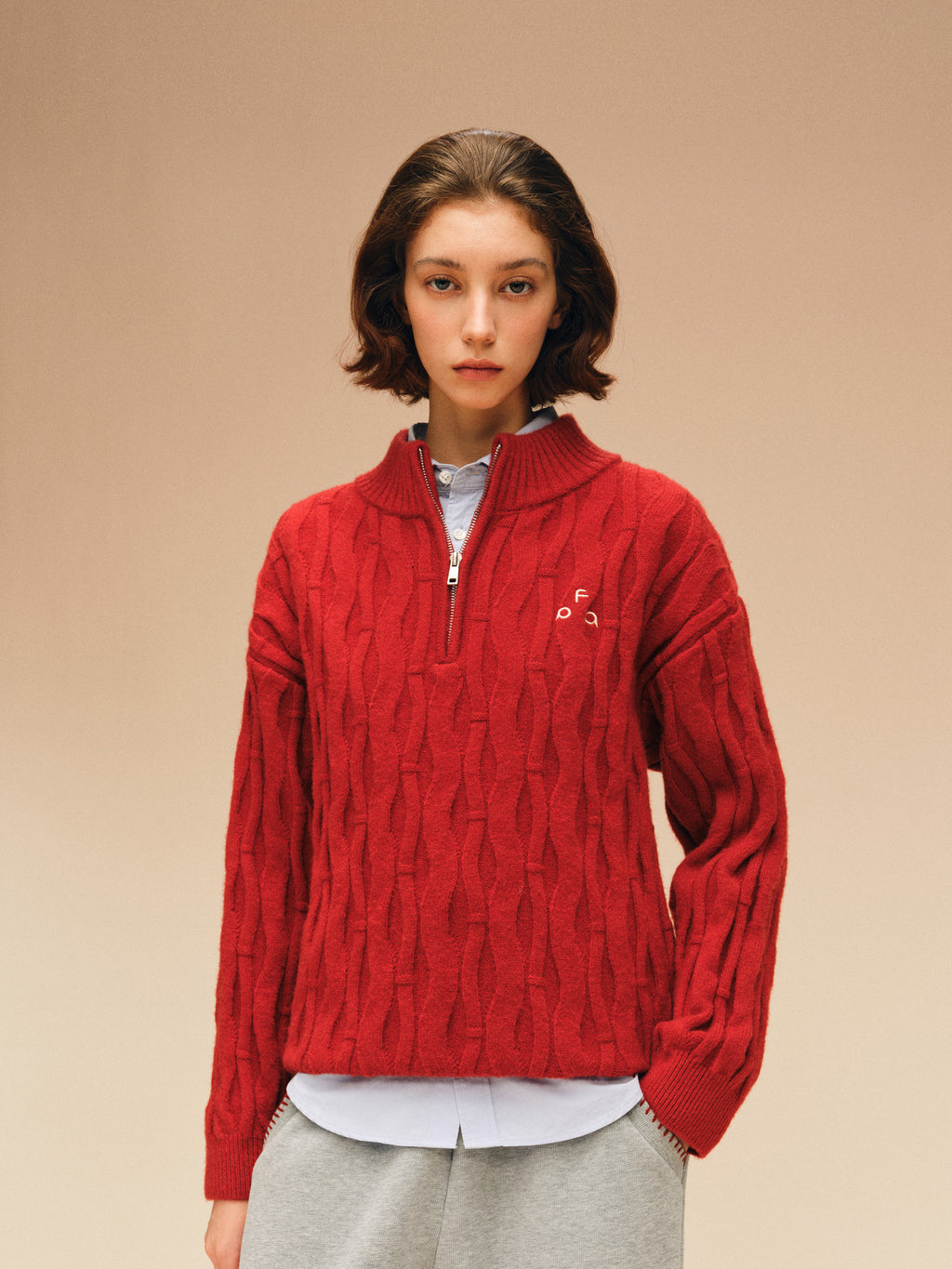 FPA Zip-Up Half-Zip Cable Knit Pullover Sweater - Chinese Red Couple Knitwear for Spring, Year of the Horse