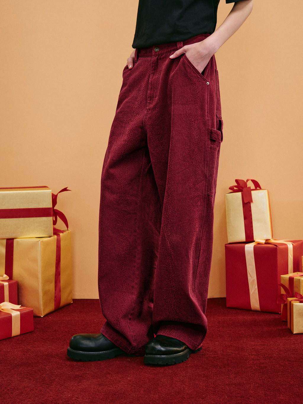 FPA Snake Year Limited Edition Snake Texture Washed Carpenter Pants - Wine Red Loose Wide-Leg Trousers for Ben Ming Nian