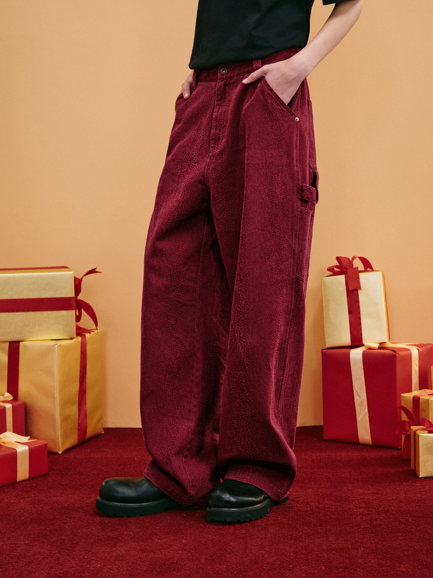 FPA Snake Year Limited Edition Snake Texture Washed Carpenter Pants - Wine Red Loose Wide-Leg Trousers for Ben Ming Nian