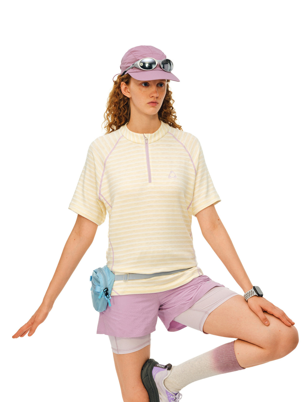FPA Sports Knit Striped Short Sleeve T-Shirt with Contrast Half-Zip and Hacci Line, Casual Couple Style Summer Tee for Men