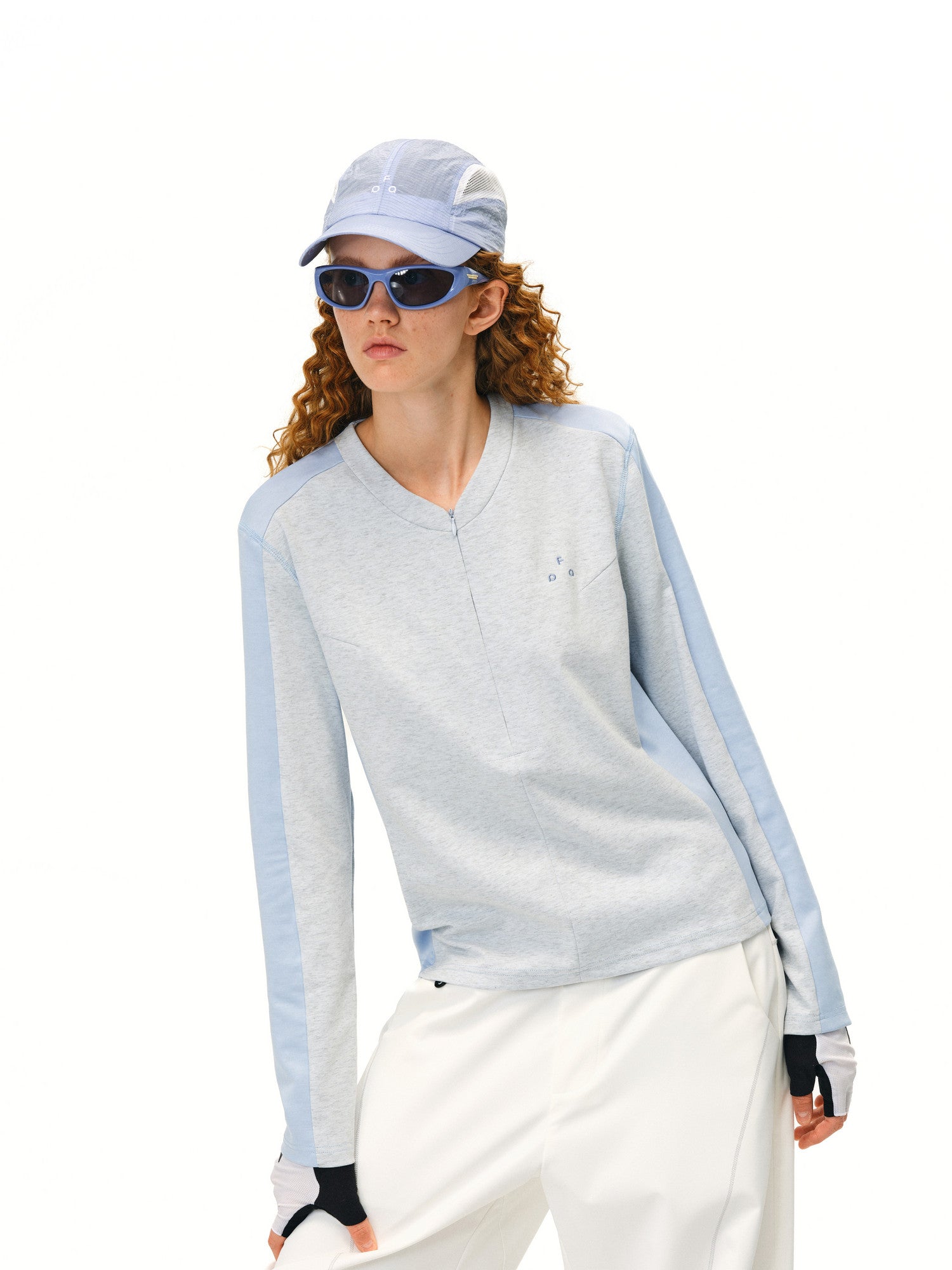 FPA 10A Antibacterial Color-Block Casual Knit V-Neck Long Sleeve Heavyweight Half-Zip T-Shirt for Women