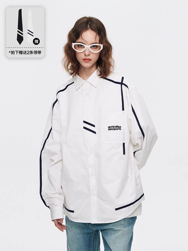 FPA Webbing Patch Fake Tie Long-Sleeve Shirt 2023 New Spring/Autumn Chinese Streetwear Loose-Fit Men's Shirt