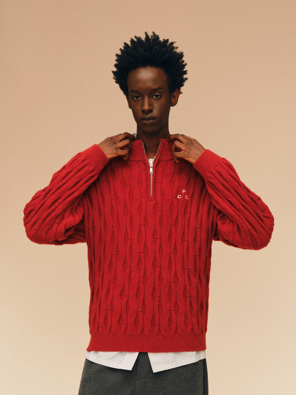 FPA Zip-Up Half-Zip Cable Knit Pullover Sweater - Chinese Red Couple Knitwear for Spring, Year of the Horse