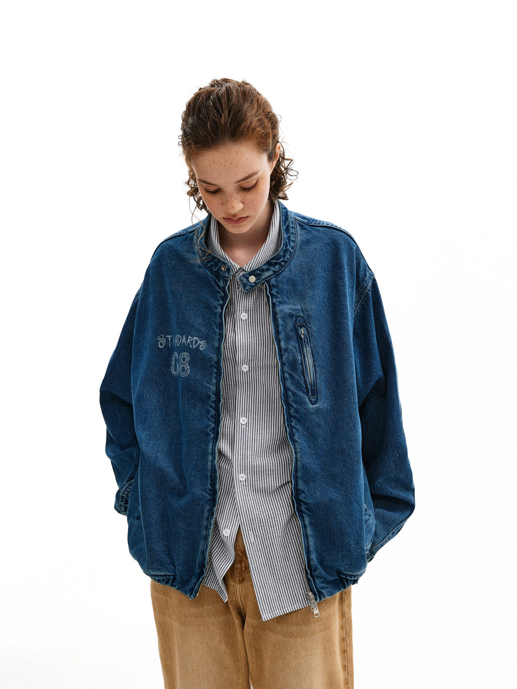 FPA Washed Denim Harrington Jacket - Chinese Streetwear Trend Short Couple Style Loose Design Casual Outerwear