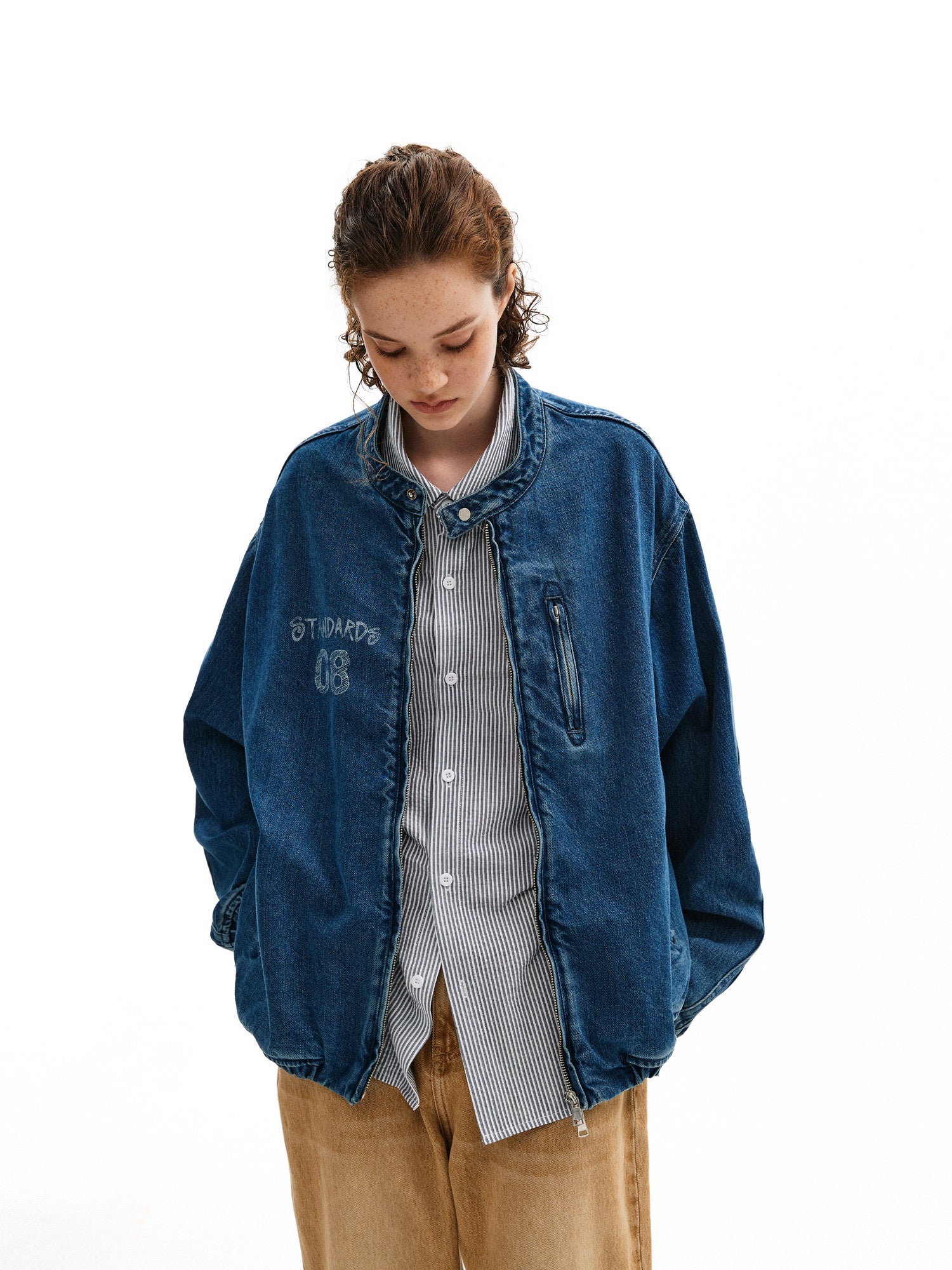 FPA Washed Denim Harrington Jacket - Chinese Streetwear Trend Short Couple Style Loose Design Casual Outerwear