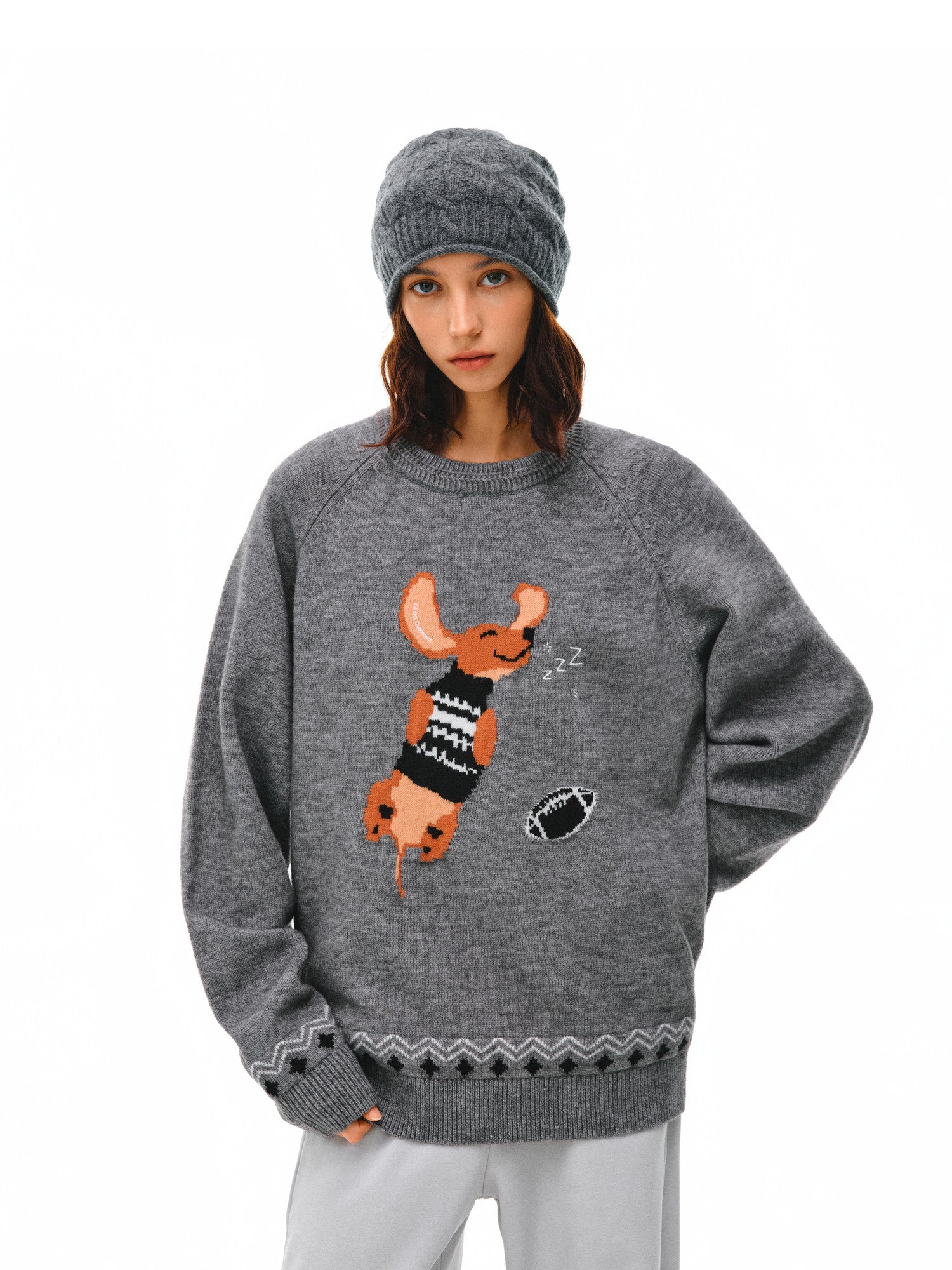 FPA Fair Isle Sleeping Dog Jacquard Crew Neck Sweater – Chinese Streetwear Couple Inner Layer Pullover Autumn/Winter Knit Top